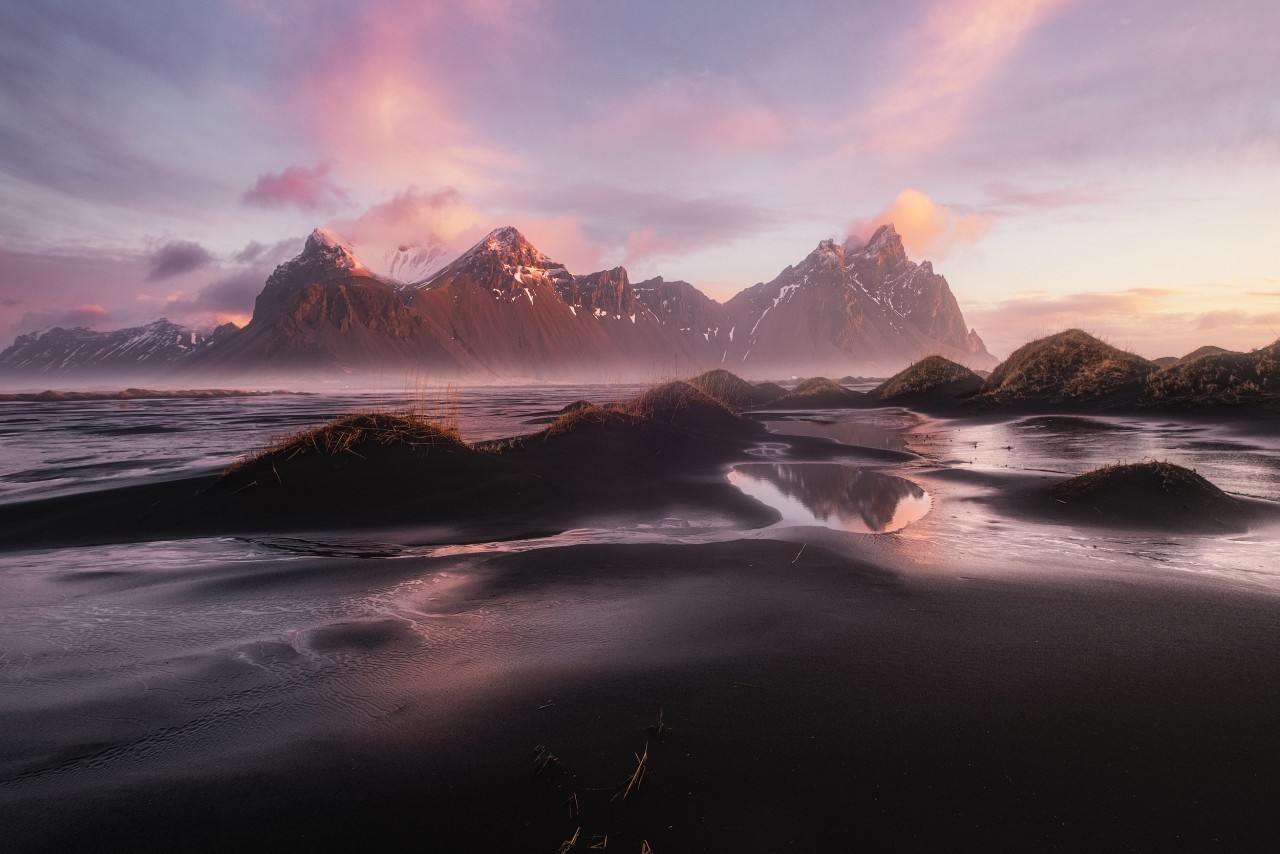 Sunrise with view of Vestrahorn on a black beach